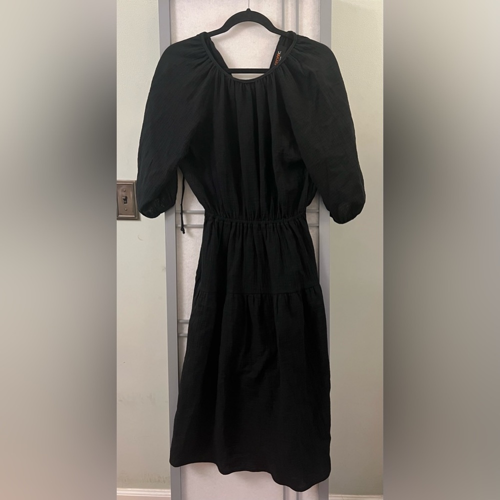 Renee C Small Black Gauze 100% Cotton Midi Dress 3/4 Sleeve Made in USA Prairie